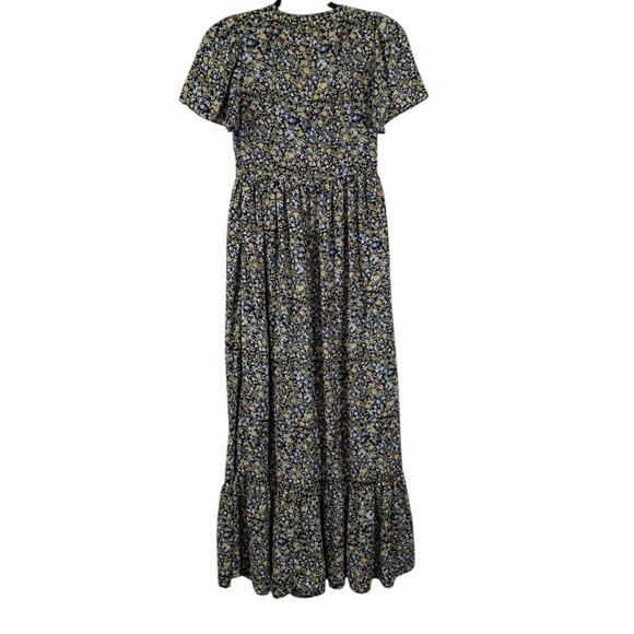 Black & Yellow Floral V-Neck Maxi Dress Size M - Picture 2 of 4